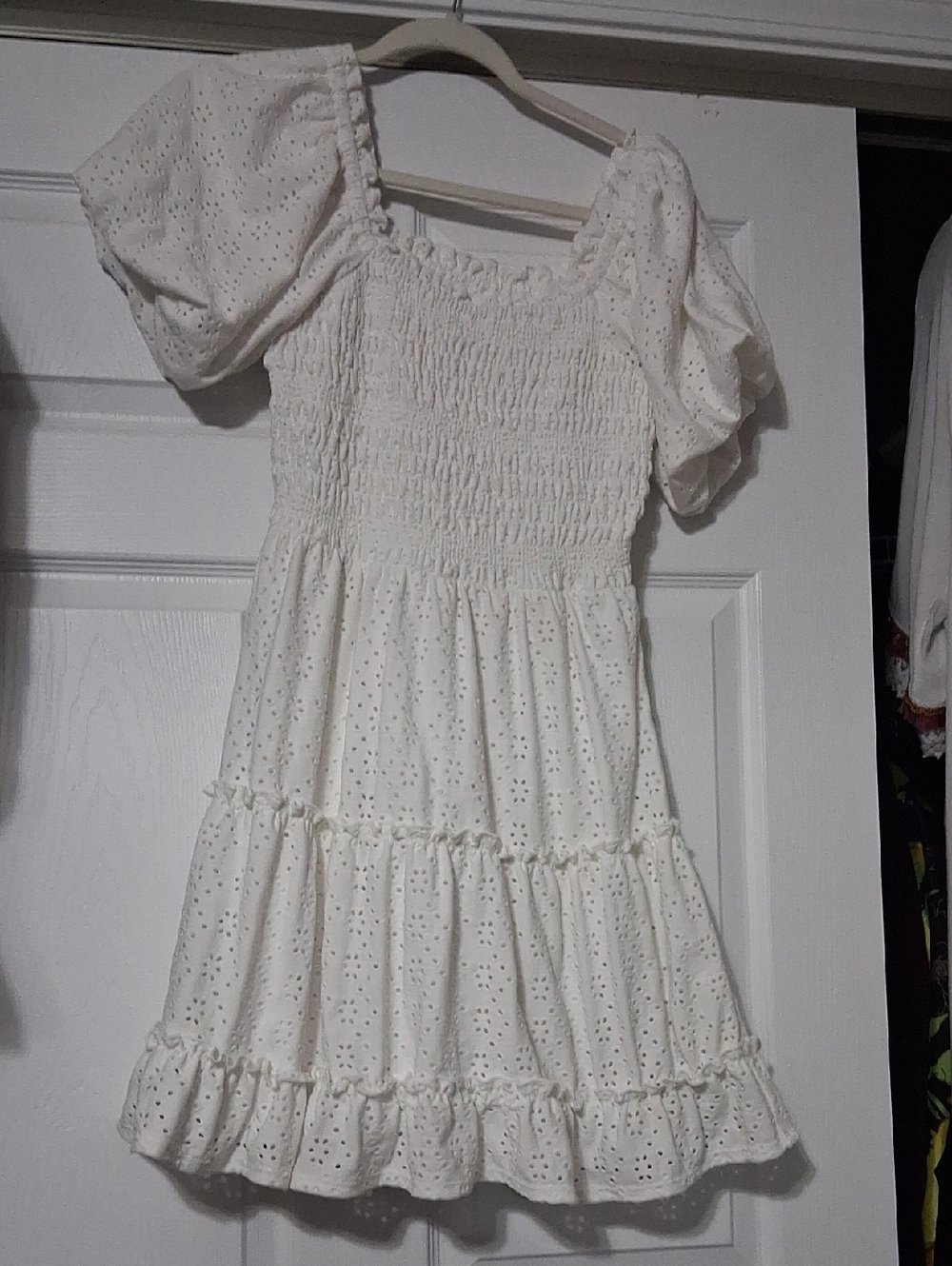 Cato White Eyelet Smocked Puff-Sleeve Tiered Dress